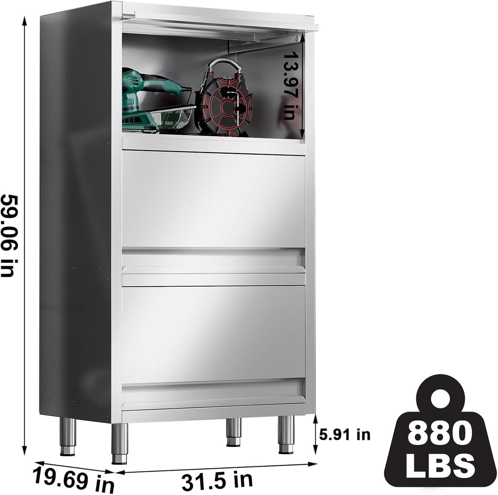3-Tier Stainless Steel Storage Cabinet, Freestanding Commercial Kitchen Cabinet with Flip-up Doors, Heavy Duty Garage Storage Rack for Warehouse Shop, 19.69" D x 31.5" W x 59.06" H
