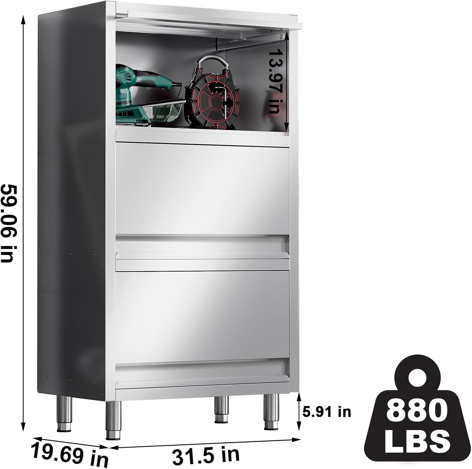 3-Tier Stainless Steel Storage Cabinet, Freestanding Commercial Kitchen Cabinet with Flip-up Doors, Heavy Duty Garage Storage Rack for Warehouse Shop, 19.69" D x 31.5" W x 59.06" H