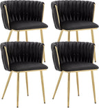 Kiztir Black Velvet Dining Chairs Set of 4, Upholstered Dining Room Chairs with Gold Metal Legs, Modern Dining Chairs with Woven Back for Living Room, Bedroom, Kitchen