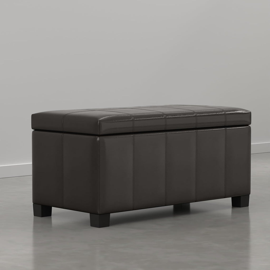 SIMPLIHOME Dover Storage Ottoman Bench - 36 inch Wide Upholstered Vegan Leather Rectangular Lift-Top Ottoman in Dark Clove Brown, Contemporary Bench for Living Room with Safety Hinges