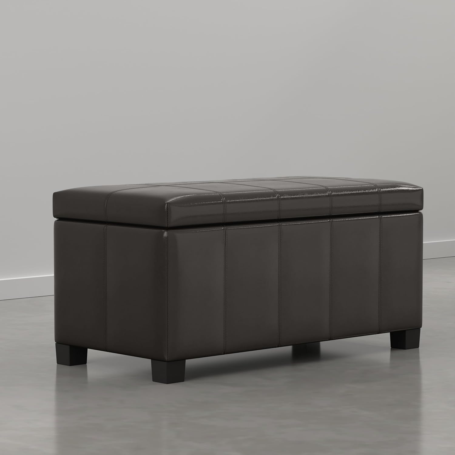 SIMPLIHOME Dover Storage Ottoman Bench - 36 inch Wide Upholstered Vegan Leather Rectangular Lift-Top Ottoman in Dark Clove Brown, Contemporary Bench for Living Room with Safety Hinges