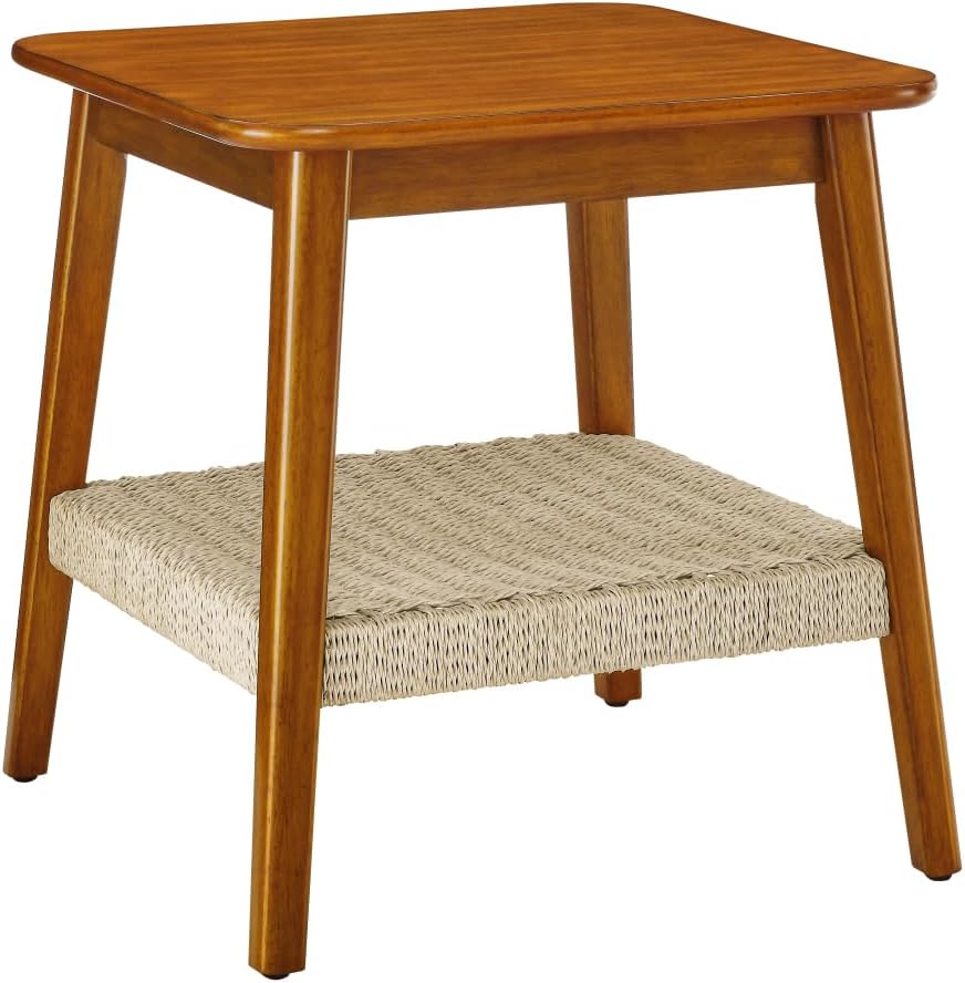 23" Mid-Century Side Table with Woven Shelf and Storage, for Living Room...