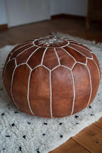 Poufs&Pillows Premium Moroccan Leather Pouf - Handmade - Delivered Stuffed - Ottoman, Footstool, Floor Cushion (Cognac Brown)