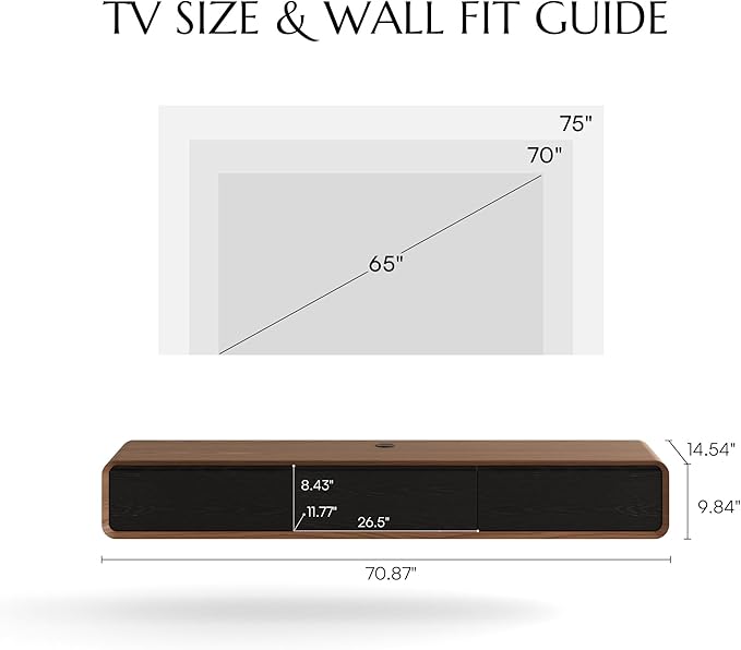 POVISON Fully-Assembled Minimalist Floating TV Stand, Modern Wall-Mounted Entertainment Center with 3 Flip-Down Cabinet Doors, Solid Wood Media Console, 70.87"