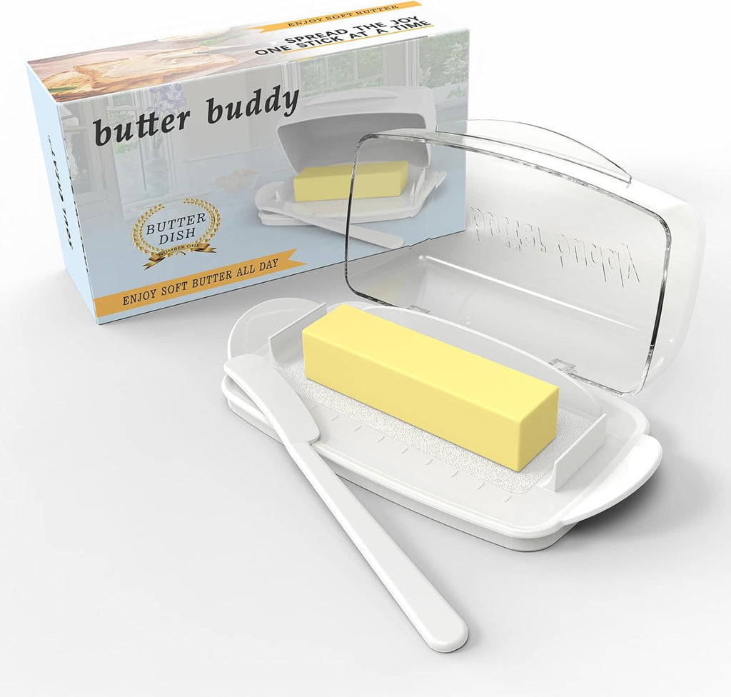 Butter Dish with Lid and Knife, Large Plastic Flip Top Butter Dishes Clear Hinged Lid, Easy Scooping Non-Slip Bottom