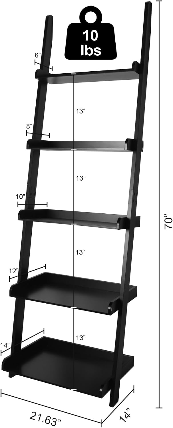 Modern 5 Tier Leaning Wall Ladder Bookshelf, Black, 70 Inches | Storage Rack, Organizer