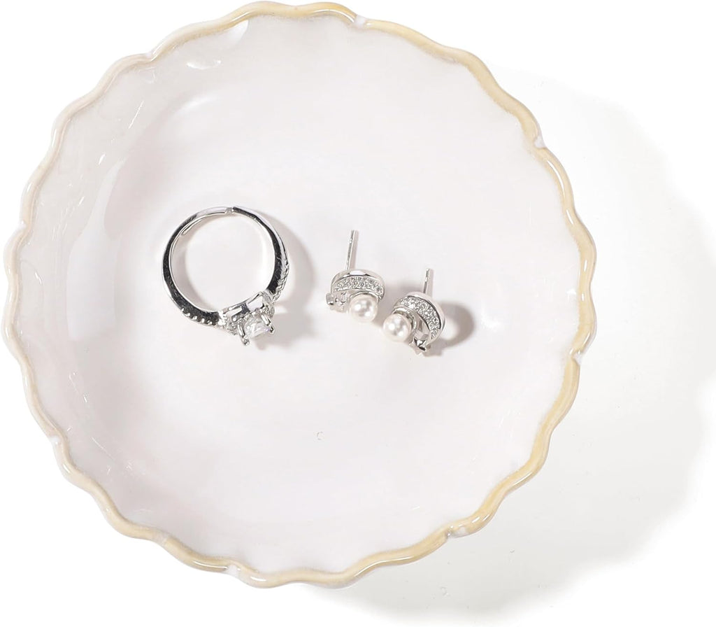 HOME SMILE Ring Jewelry Dish Pastel White Ruffled Ceramic|Trinket Tray for Earrings, Necklaces|Mothers Day Birthday Friendship Gifts for Women|Vanity Organizer & Bathroom Decor