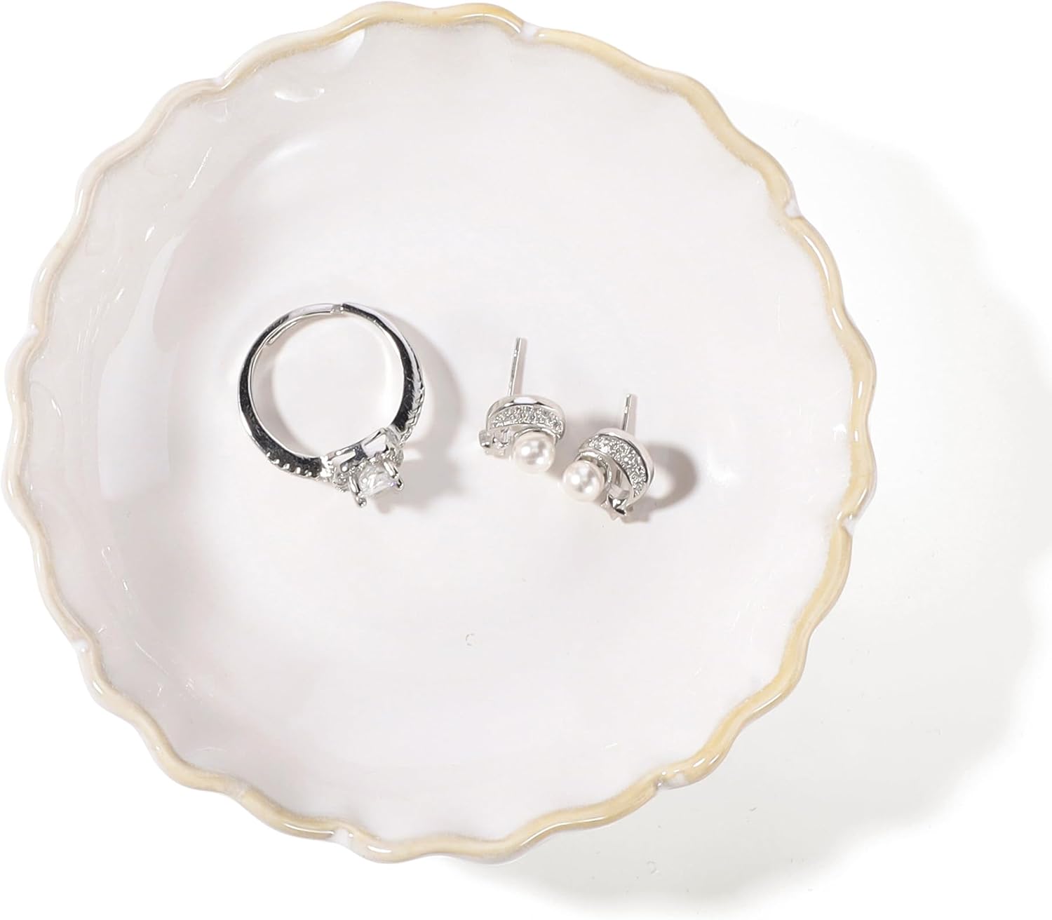 HOME SMILE Ring Jewelry Dish Pastel White Ruffled Ceramic|Trinket Tray for Earrings, Necklaces|Mothers Day Birthday Friendship Gifts for Women|Vanity Organizer & Bathroom Decor