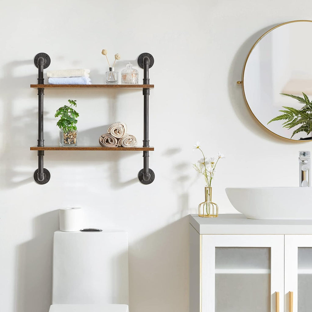 YMYNY Industrial Pipe Shelf Bracket, 2 Tiers Retro Wall Mounted Floating Shelf, Wood DIY Bookshelf, Storage Shelves for Living Room, Bedroom, 24" Farmhouse Bathroom Shelving, HD-UHRF-TM004