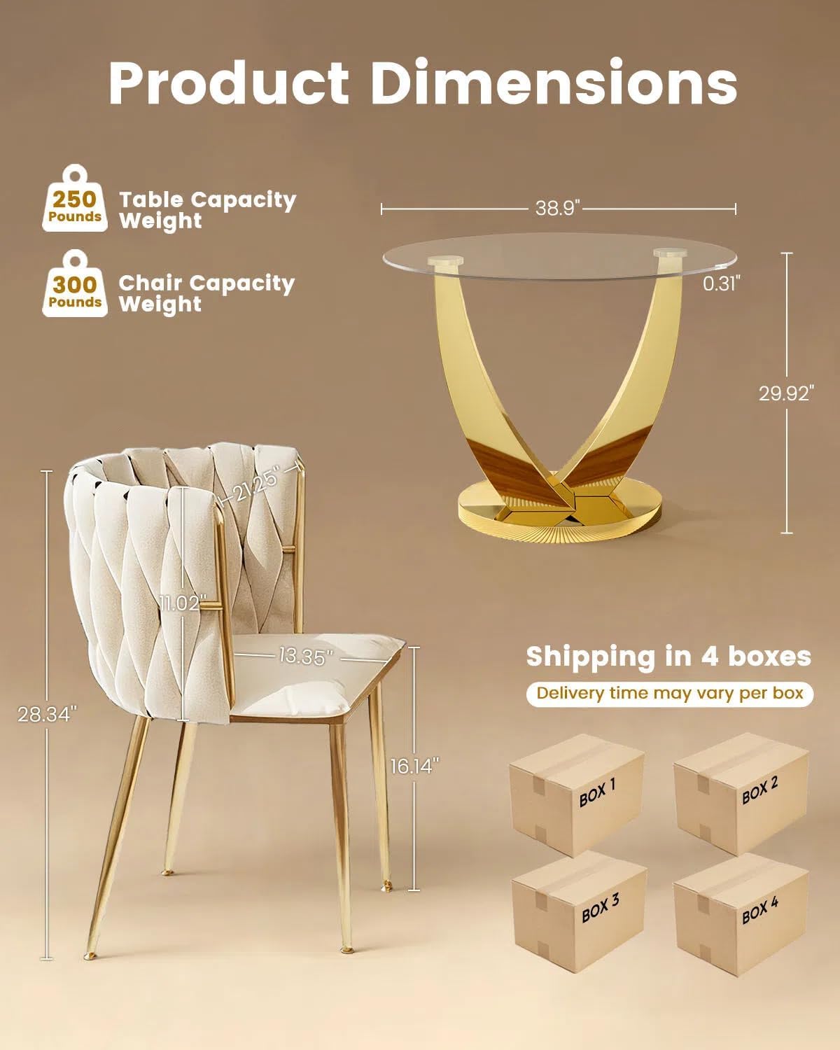 38.9" Round Glass Dining Table Set for 4, Modern Kitchen Table with 4 Upholstered Velvet Chairs, Tempered Glass Top with Golden Steel Base, 5 Pieces Dining Table Set for Small Space - Beige