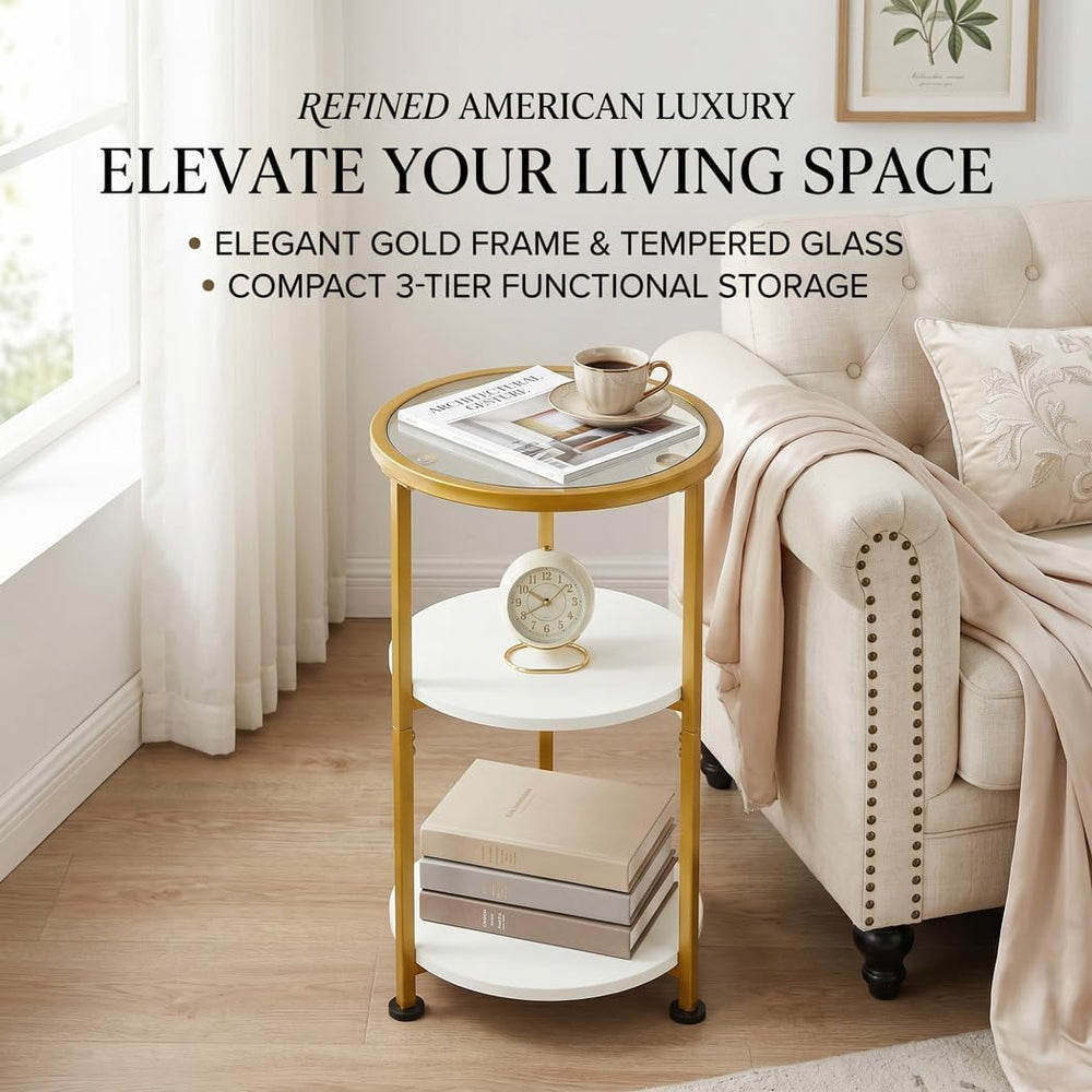 Glass Side Table, Tempered Glass Small Round Side Table with 3-Tier Storage S...