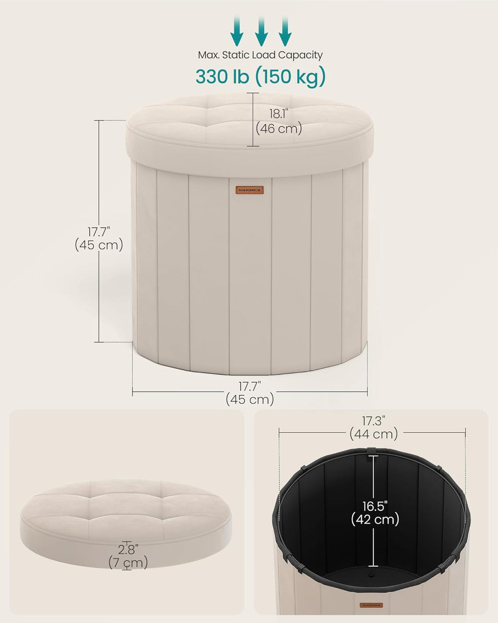 SONGMICS Storage Ottoman Round Velvet Vanity Stool, 18.5 x 18.5 x 17.7 Inch |...