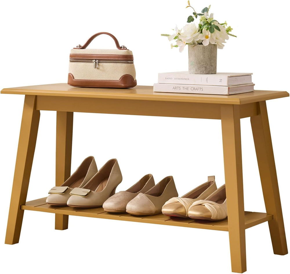 Kings Brand Wood Entryway Shoe Bench with Storage Shelf, Honey Mustard | Stor...