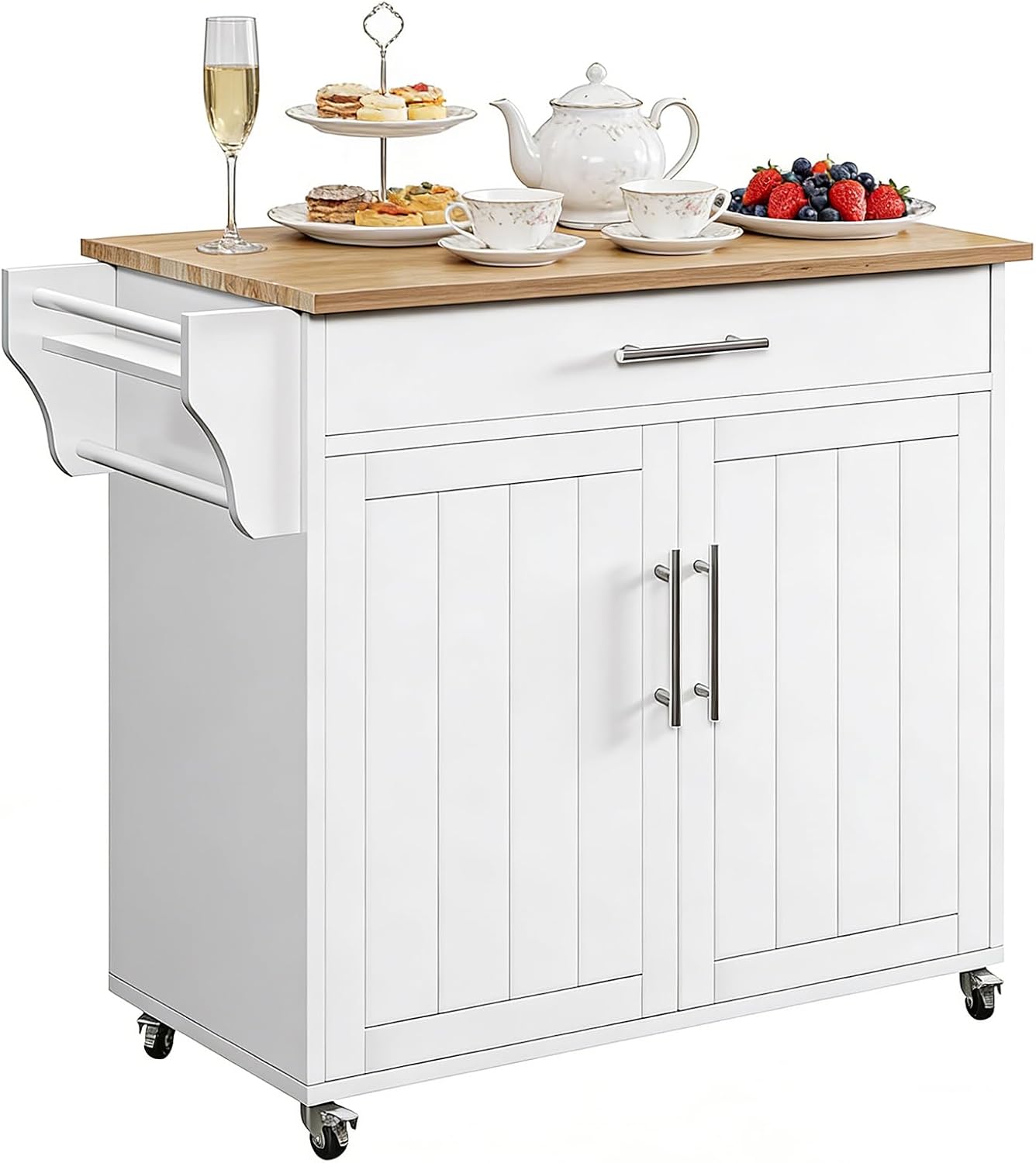 Kitchen Storage Island, Wooden Rolling Kitchen Island On Wheels with Countertop, Mobile Kitchen Island Cart with Towel Rack, Spice Rack and Drawers, White