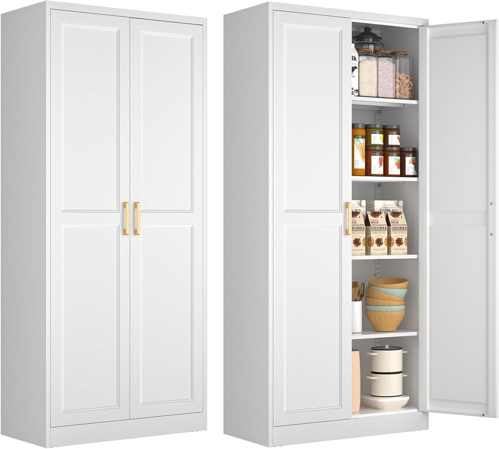 Polup 71" White Metal Kitchen Pantry Storage Cabinet with Doors and Shel...