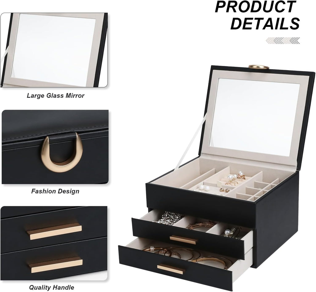 Women's Luxury Jewelry Armoire with Mirror - Compact 2-Drawer Chest with Ring Rolls & Necklace Hooks, Ideal Gift for Women Black