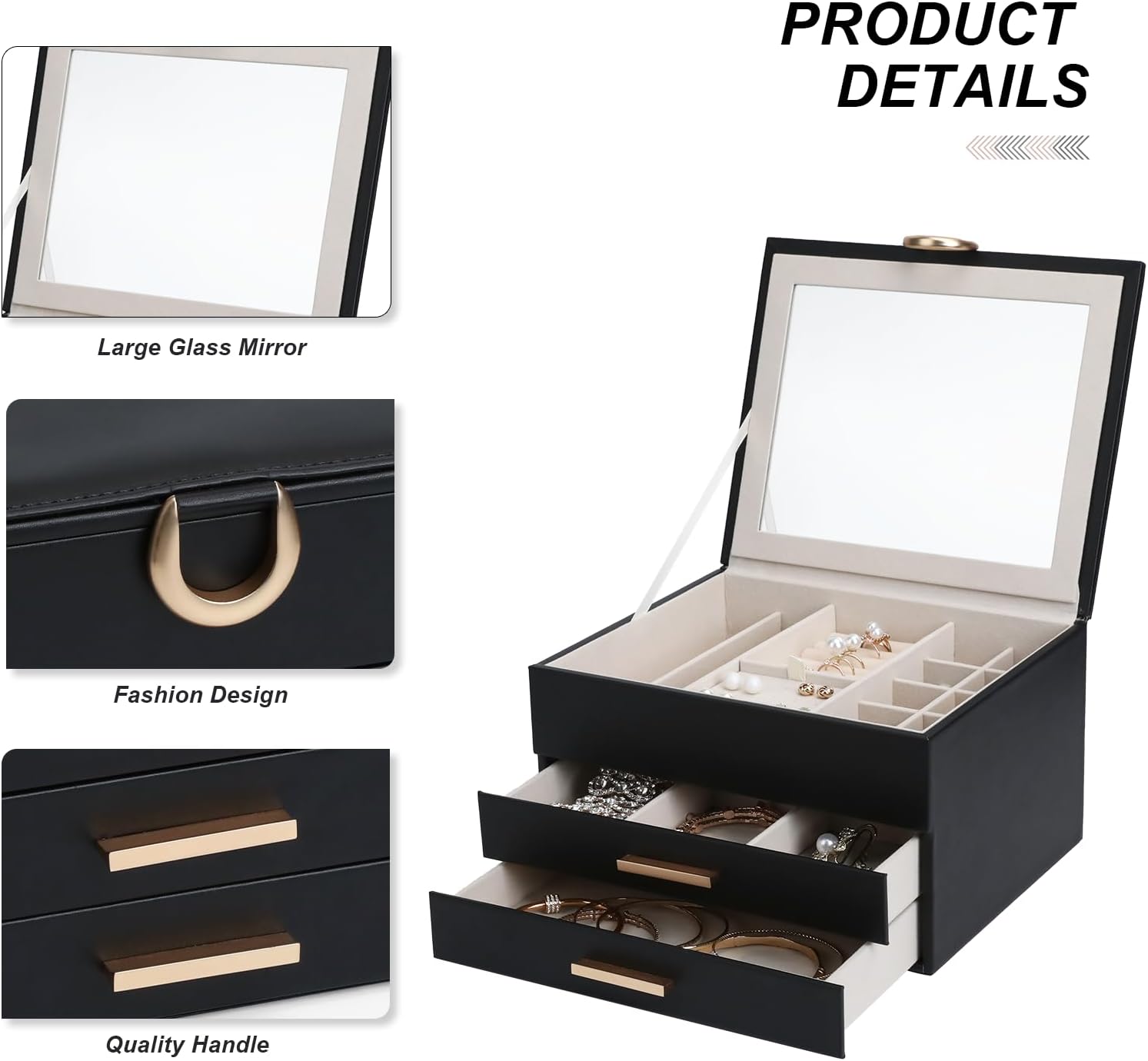 Women's Luxury Jewelry Armoire with Mirror - Compact 2-Drawer Chest with Ring Rolls & Necklace Hooks, Ideal Gift for Women Black