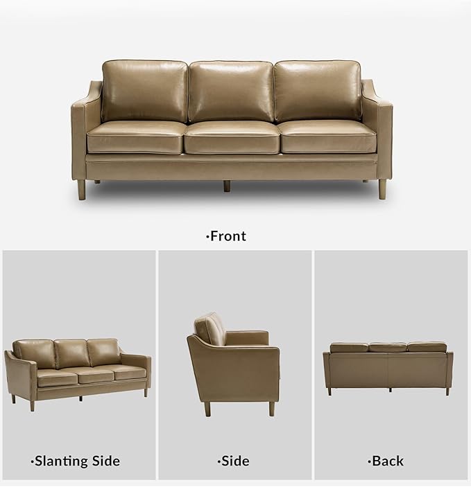 Kingfun 80" Faux Leather Sofa, 3 Seater Couch, Mid Century Modern Couches with Solid Wood Legs for Living Room & Bedroom, Olive Green