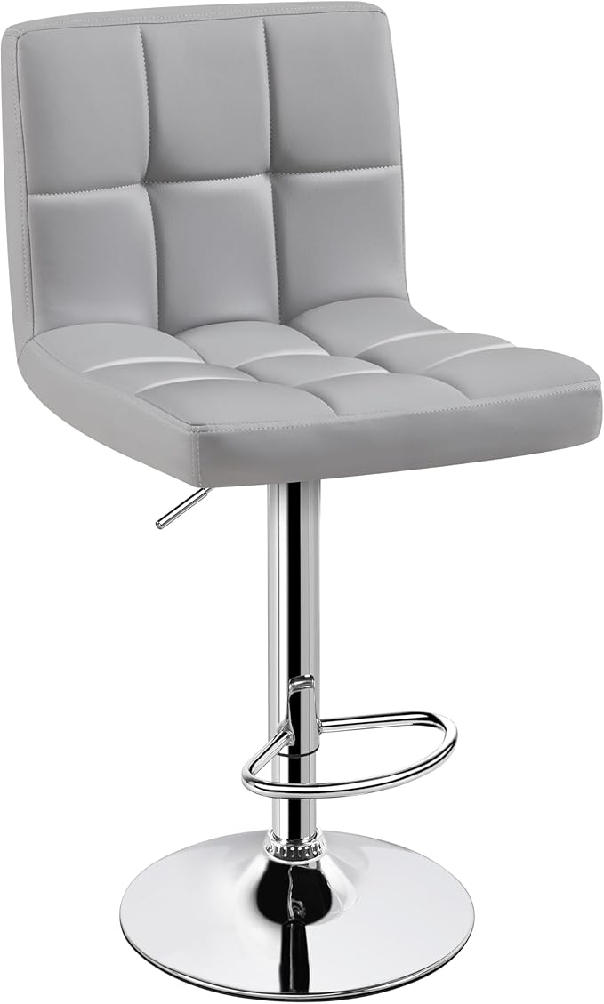 Yaheetech Single Bar Stool, PU Leather Adjustable Barstools, Modern Counter Stools with Back and Footrest, Counter Height Barstools for Bar, Kitchen, Dining Room, Light Gray