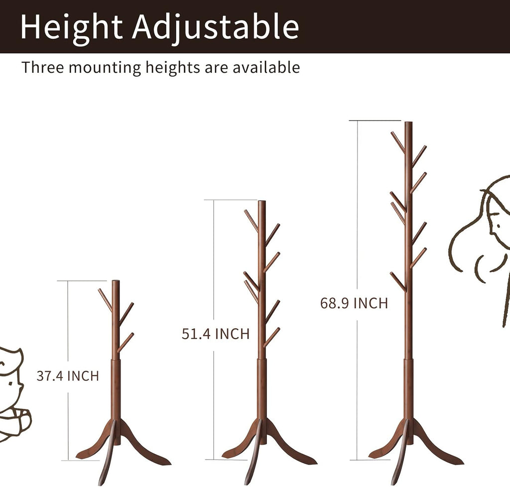 Coat Rack Freestanding, Coat Stands Entryway, Bamboo Coat Rack Hat Hanger 8 Hook for Jacket, Purse, Scarf Rack, Umbrella Tree Stand (Brown)