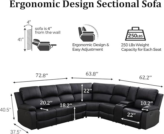 Manual Recliner Sectional Sofa Set, Bonded Leather L-Shaped Living Room Furniture Sets, Reclining Corner Couch with Drop-Down Table/Storage Console/Cup Holders for Home Office (Black, Sectional)
