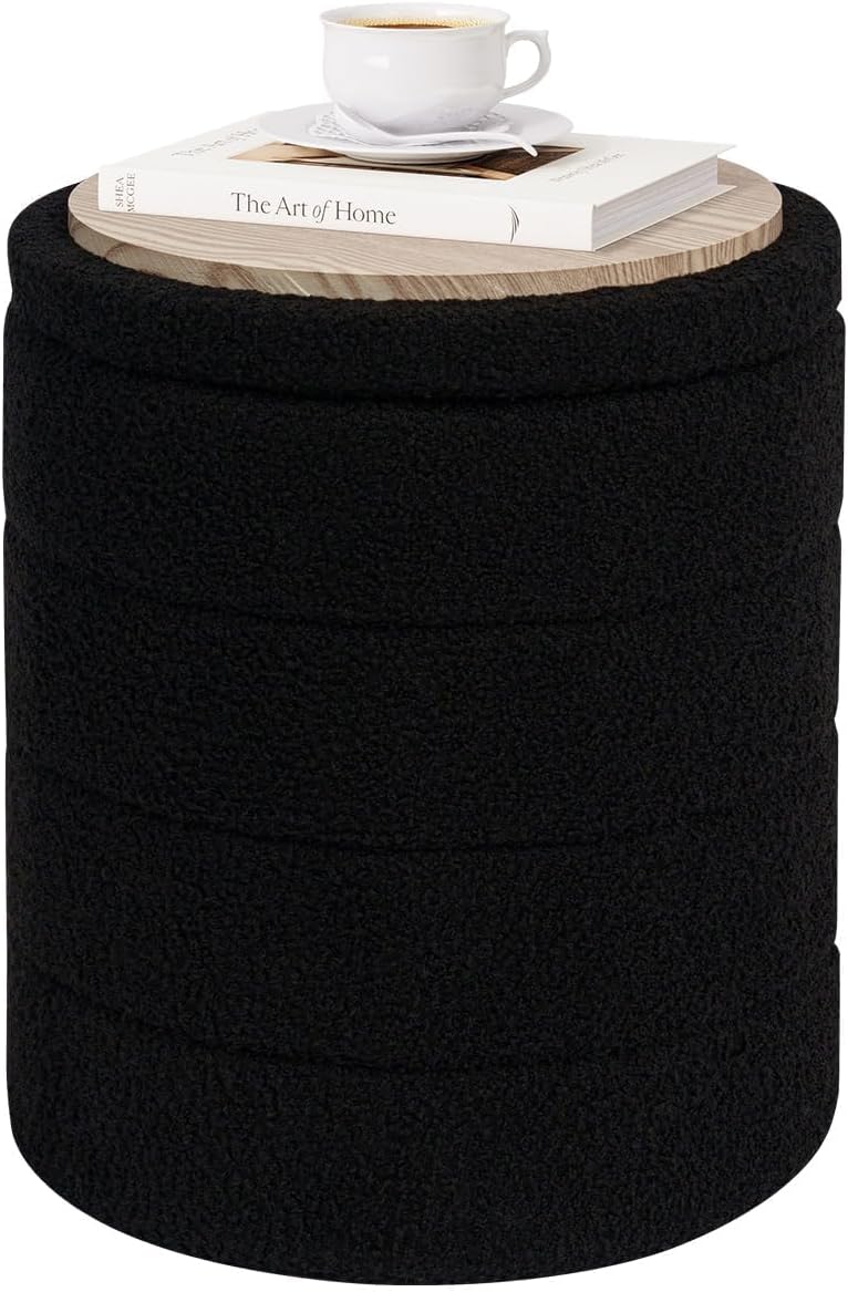 PINPLUS Compact Round Folding Storage Ottoman, Black Boucle Footstool