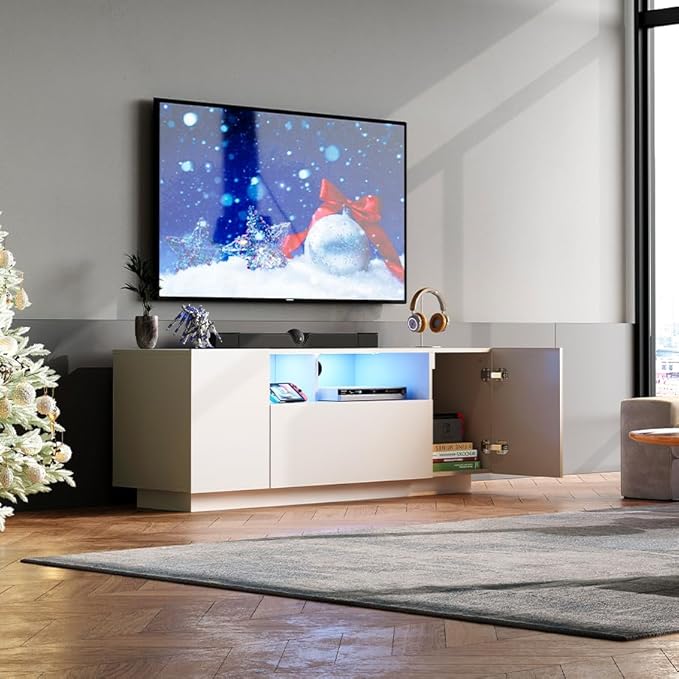 WLIVE TV Stand with LED Lights & Large Storage Cabinet, Modern Entertainment Center for 32/43/50/55 Inch TVs, Sturdy Media Console for Living Room, Bedroom, Gaming, White