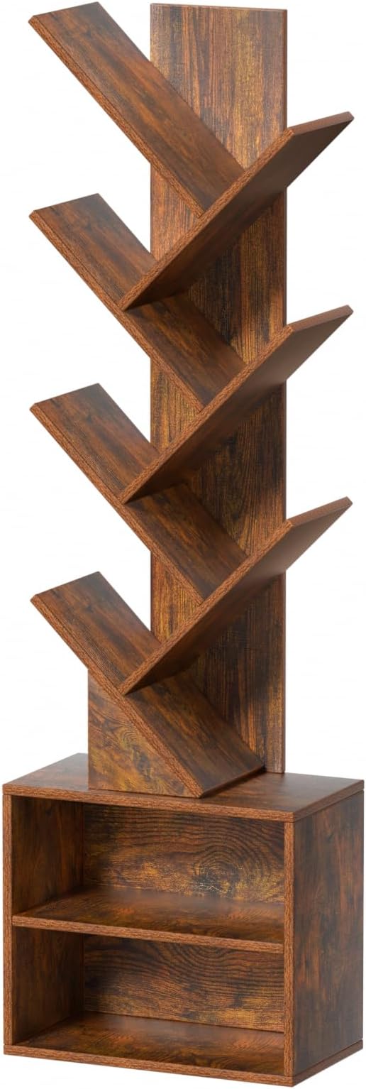 10 Tier Tree Bookshelf,Floor Standing Wood Tall Bookcase for Narrow Space, St...