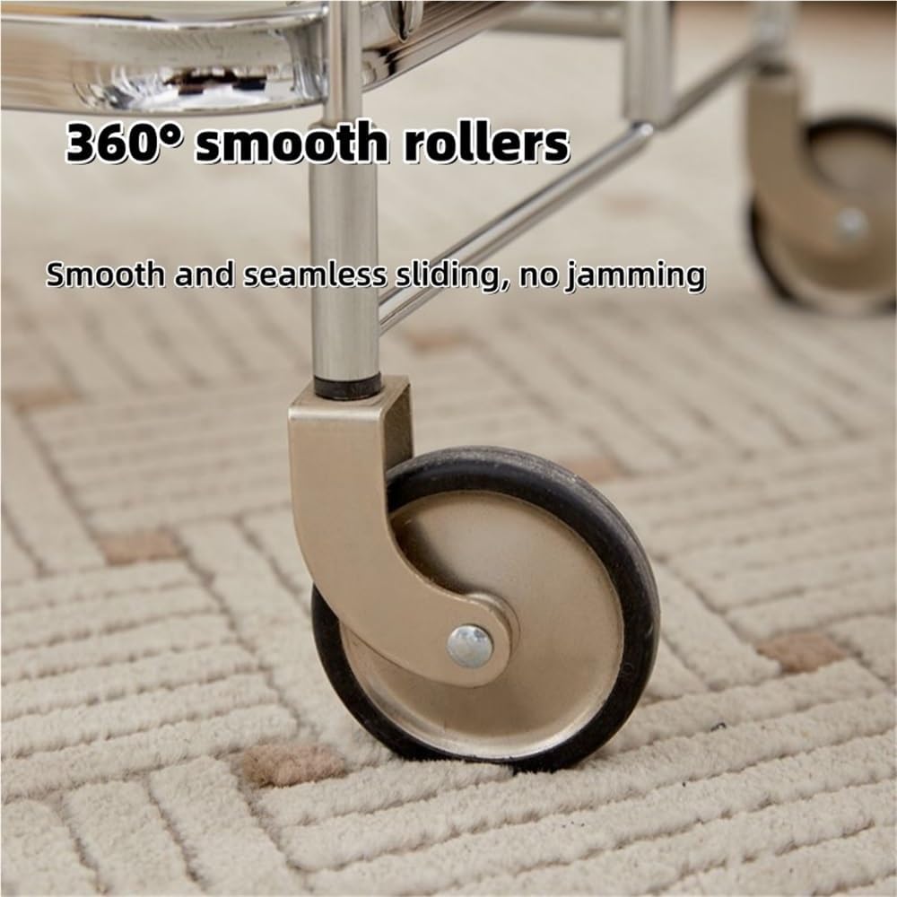 Folding Side Table with Tempered Glass Top, Double Layer Minimalist Rolling C...