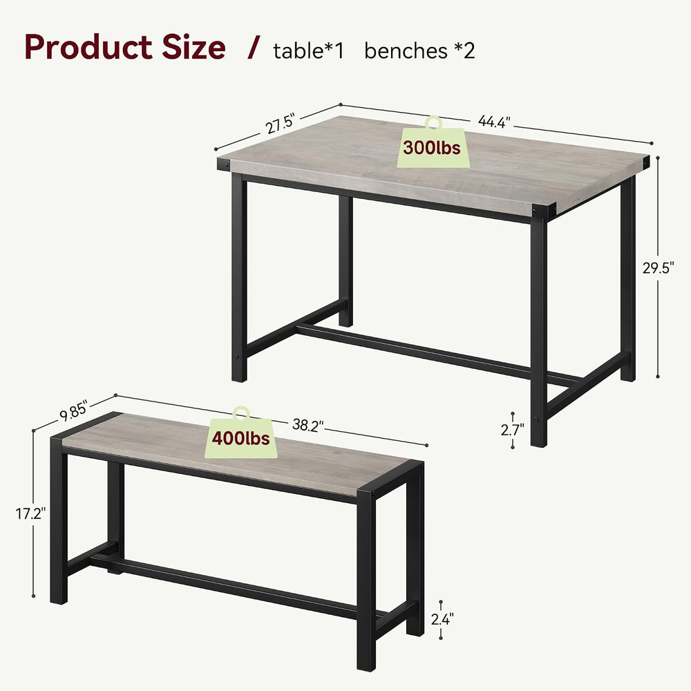 Dining Table Set for 4 with 2 Benches, 3-Piece Kitchen Table Set, Space-Savin...