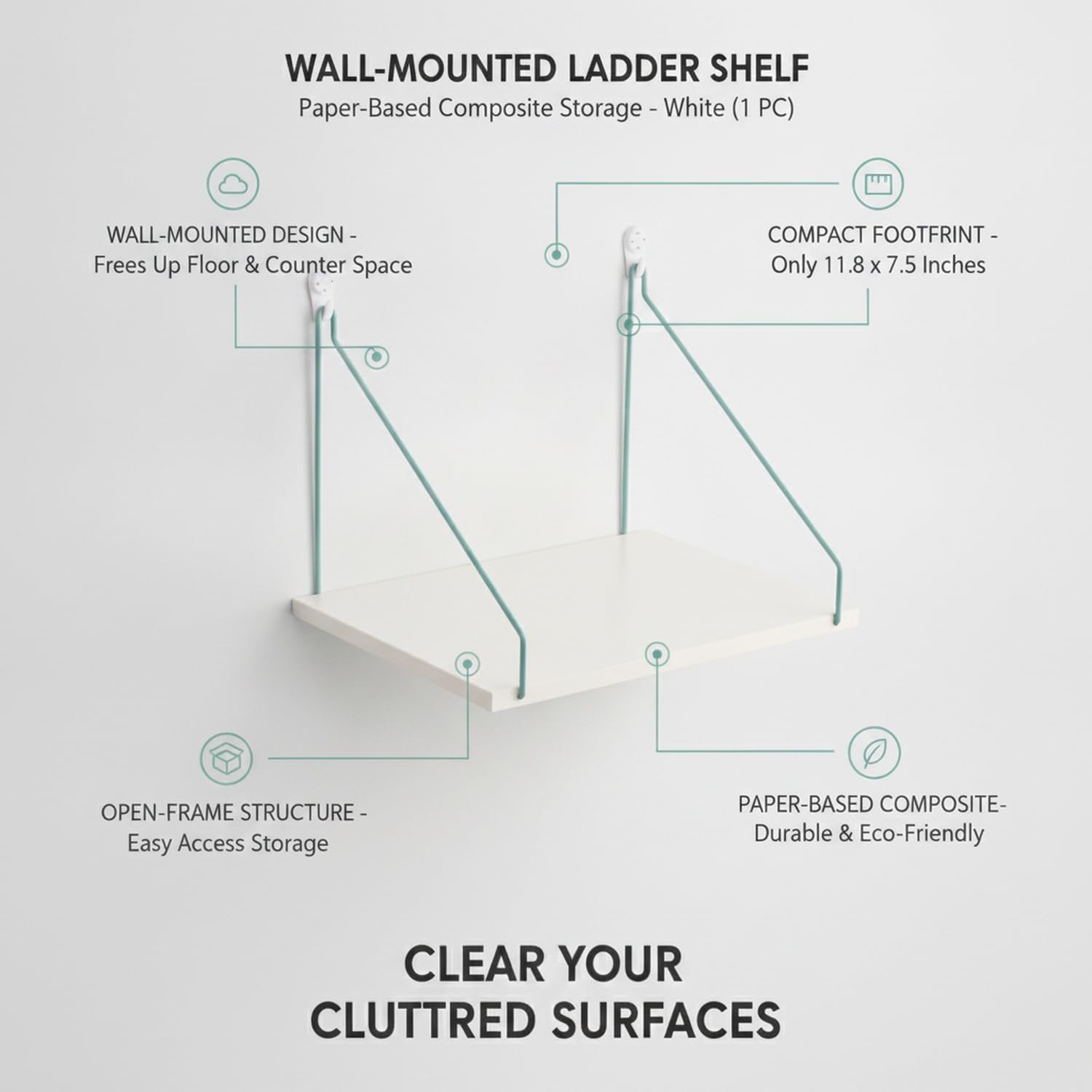 Maximize Vertical Space with Wall-Mounted Ladder Shelf, Paper-Based Composite Storage Unit for Bedroom or Living Area, White Finish (1 Piece)