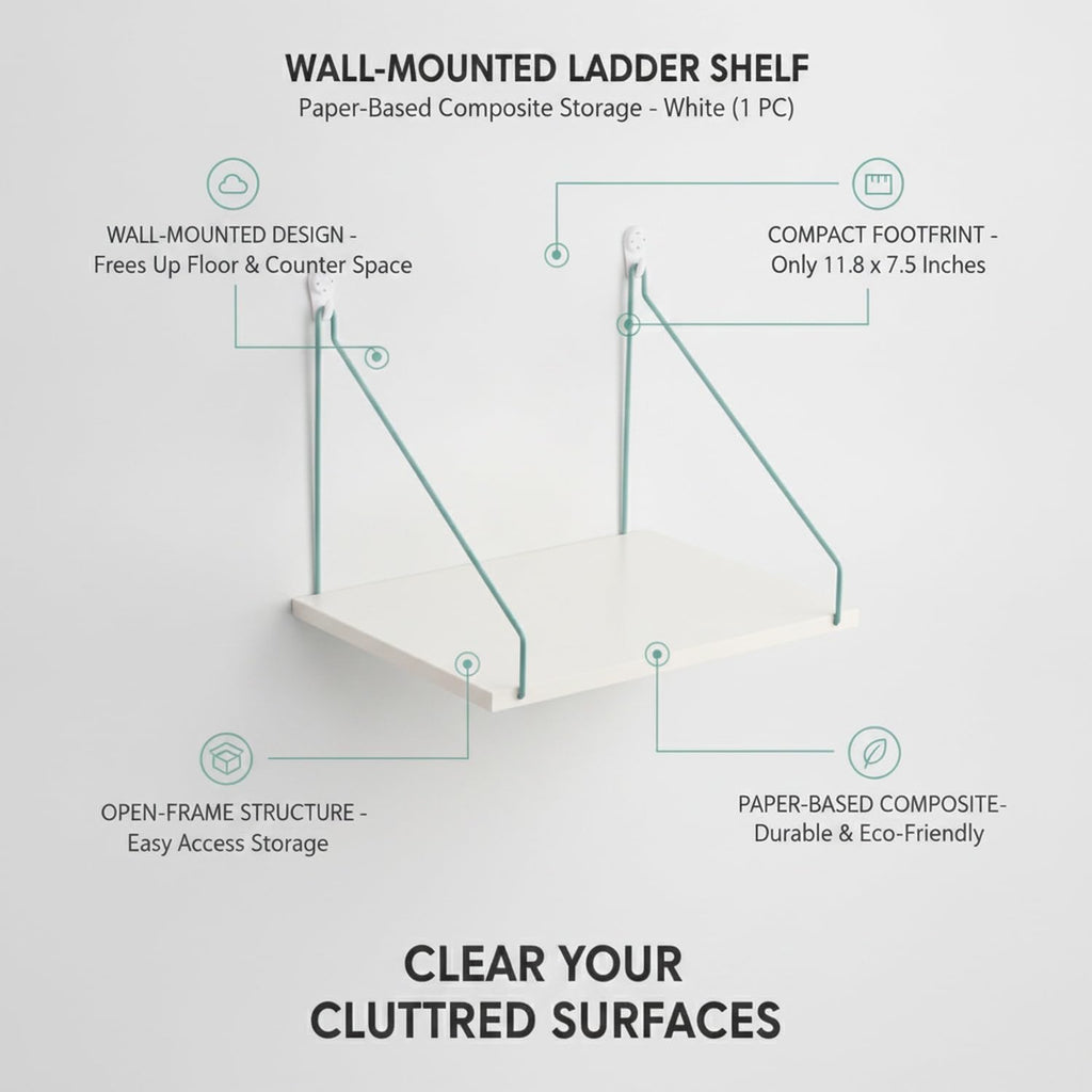 Bedroom & Living Room Wall Ladder Shelf, White Paper-Based Composite Floating Storage for Nightstands and Counters (1 Piece)