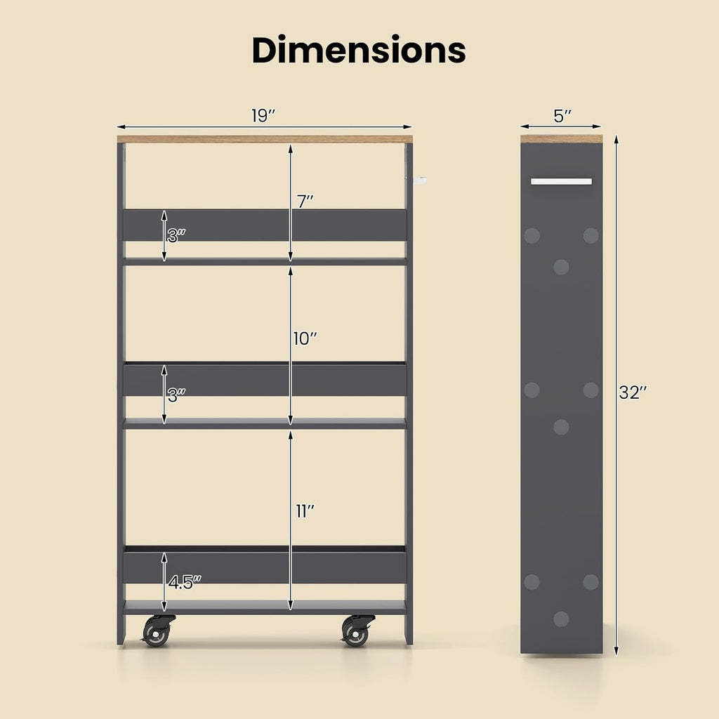 Small Kitchen Cart, 4-Tier Slim Rolling Island w/Handle, Laundry Room Storage Organizers Between Washer and Dryer, Narrow Spice Rack on Wheels Next to Fridge (Gray, 5'')