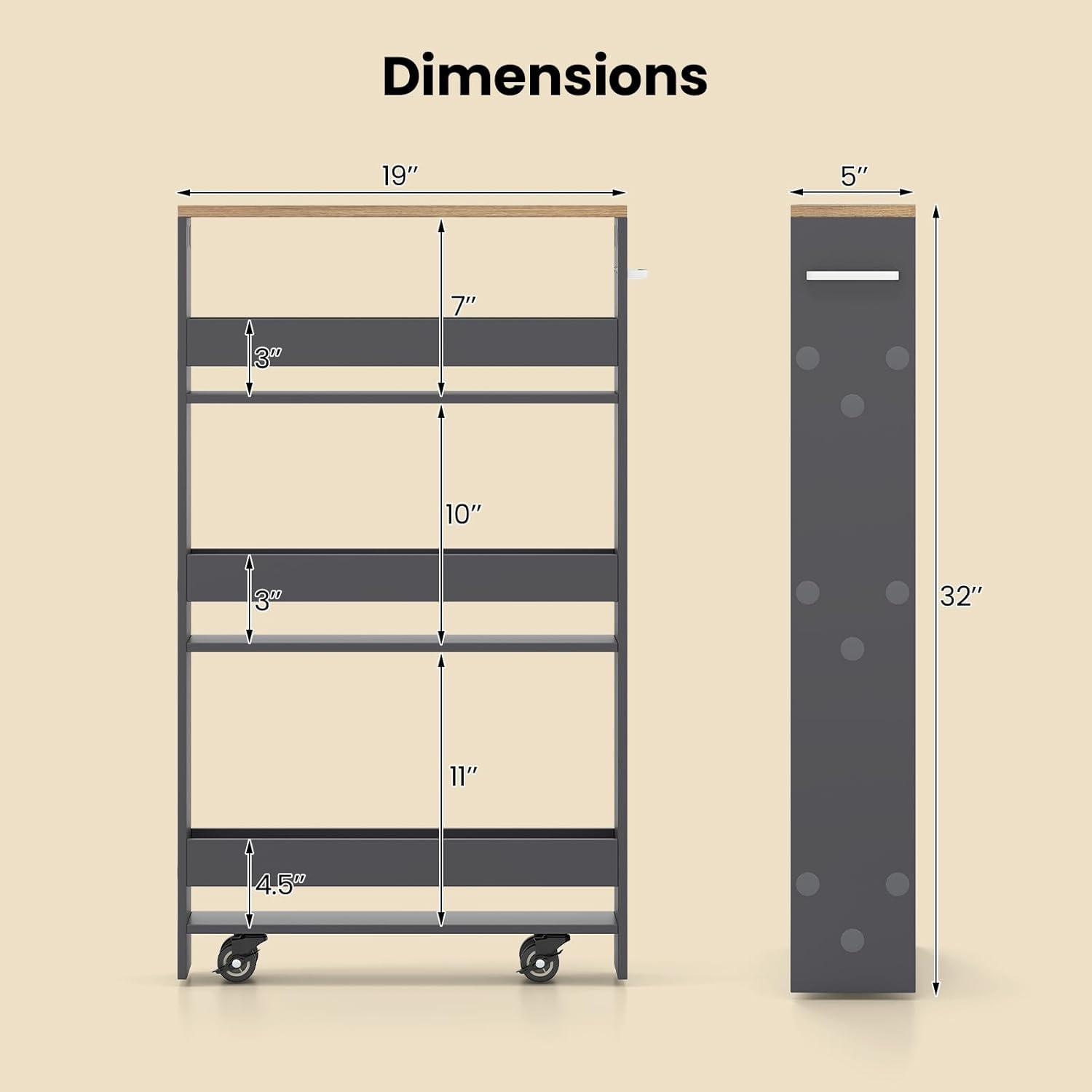 Small Kitchen Cart, 4-Tier Slim Rolling Island w/Handle, Laundry Room Storage Organizers Between Washer and Dryer, Narrow Spice Rack on Wheels Next to Fridge (Gray, 5'')