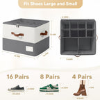 Shoe Organizer for Closet, Fits Up to 32 Pairs, Large Shoe Box Storage Container with Clear Cover, with Adjustable Dividers for Shoe Storage Bins,Space-Saving Shoe Bins,(2-Pack Beige and grey)