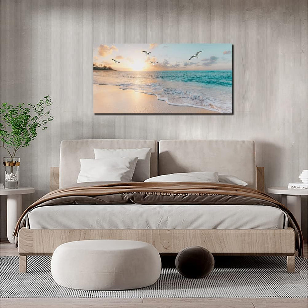 Beach Wall Art Decor for Living Room Ocean Canvas Picture for Wall Gold Sunse...