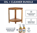 EcoDecors Fully Assembled SnazzyCorner® 18" Teak Shower Bench, Corner Shower Stool, w Shelf, Plus Loveable Teak Oil Spray Bottle 24 oz, Loveable Teak Cleaner 32 oz, Space Saver Corner be
