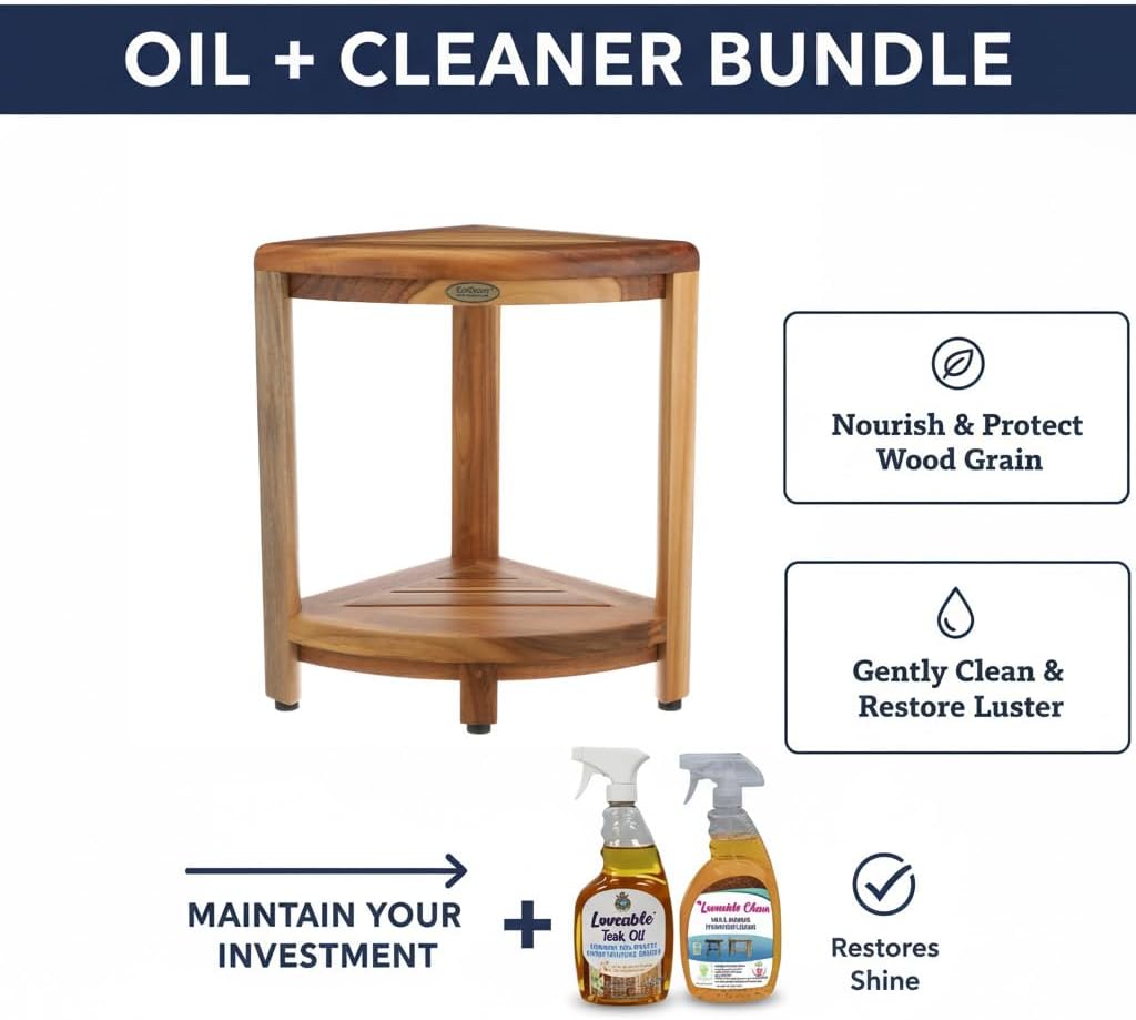 EcoDecors Fully Assembled SnazzyCorner® 18" Teak Shower Bench, Corner Shower Stool, w Shelf, Plus Loveable Teak Oil Spray Bottle 24 oz, Loveable Teak Cleaner 32 oz, Space Saver Corner be