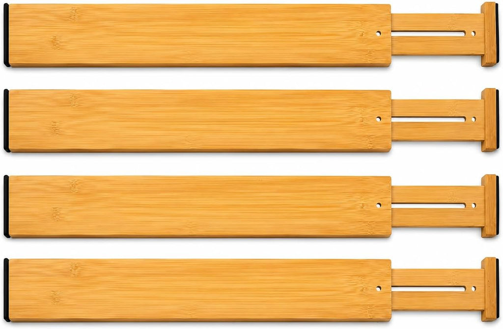 Bamboo Drawer Dividers, 16.5"-22" Adjustable Expandable Organizers, 4 Pack, Tension Mount, Slip Resistant, for Kitchen and Home
