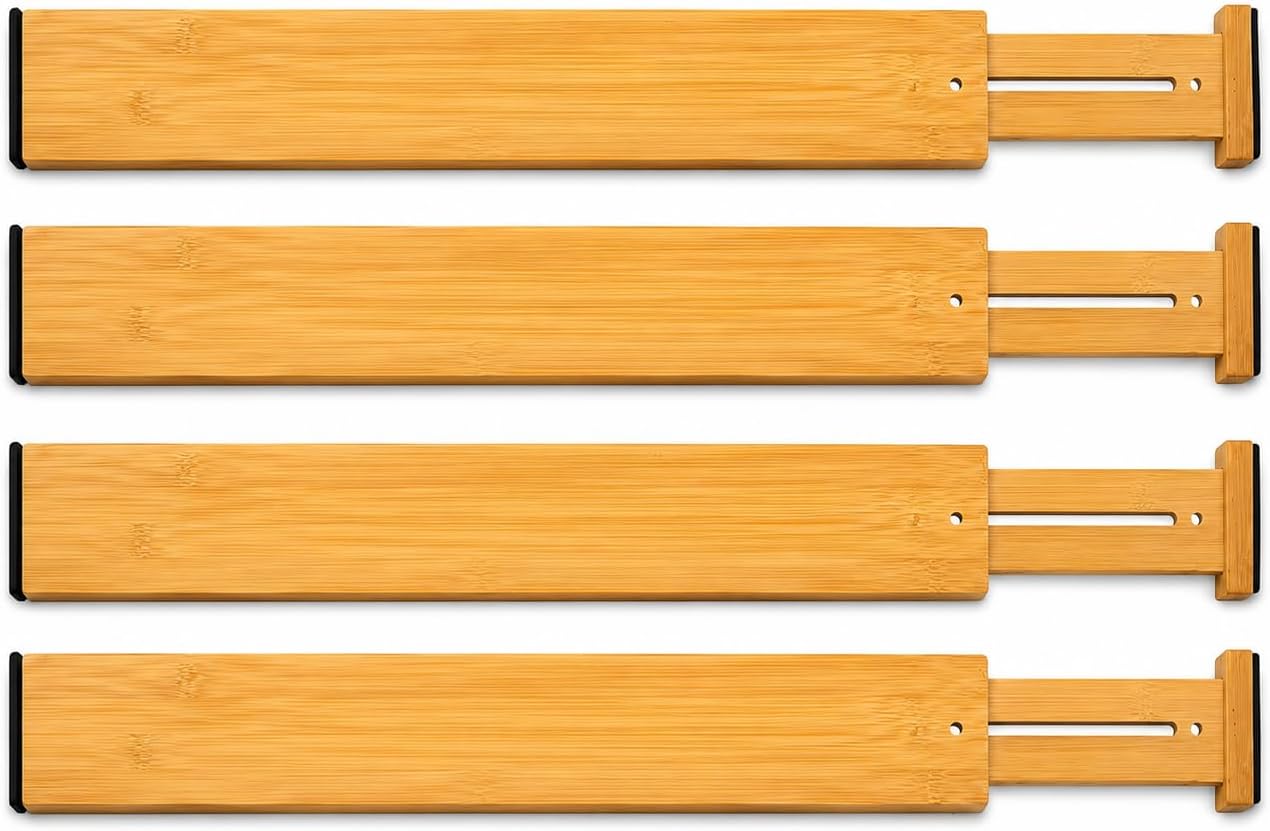 Bamboo Drawer Dividers, 16.5"-22" Adjustable Expandable Organizers, 4 Pack, Tension Mount, Slip Resistant, for Kitchen and Home