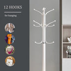 Kertnic Metal Coat Rack Stand with Natural Marble Base, Free Standing Hall Tree with 12 Hooks for Hanging Scarf, Bag, Jacket, Home Entry-way Hat Hanger Organizer (White)