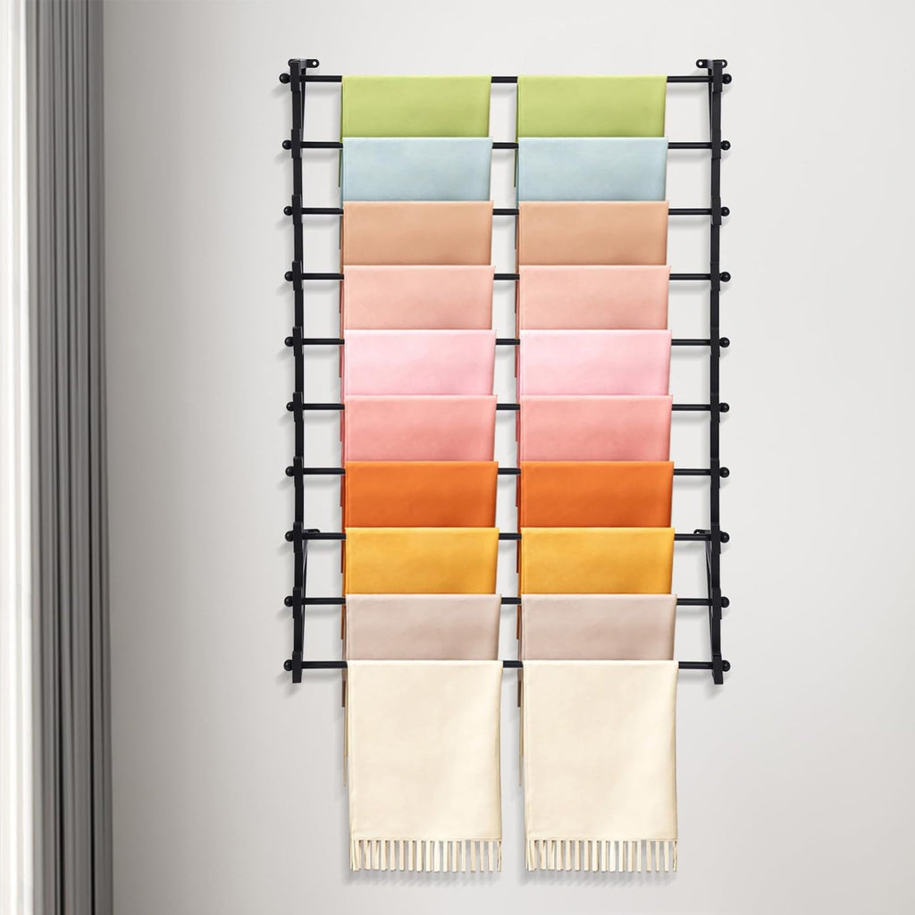 10 Layer Wall Mounted Scarf Rack, Hijab Organizer Ribbon Storage Rack, Metal Scarf Display Racks for Belts Scarves Ties Towel Wrapping Paper Holder for Home Retail Store Boutique