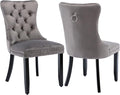 Grey Velvet Dining Chairs Set of 2, Upholstered Dining Room Chairs with Back Ring Pull Trim and Solid Wood Legs,Tufted Wingback Kitchen Chairs for Dining Room,Living Room,Kitchen(Grey)