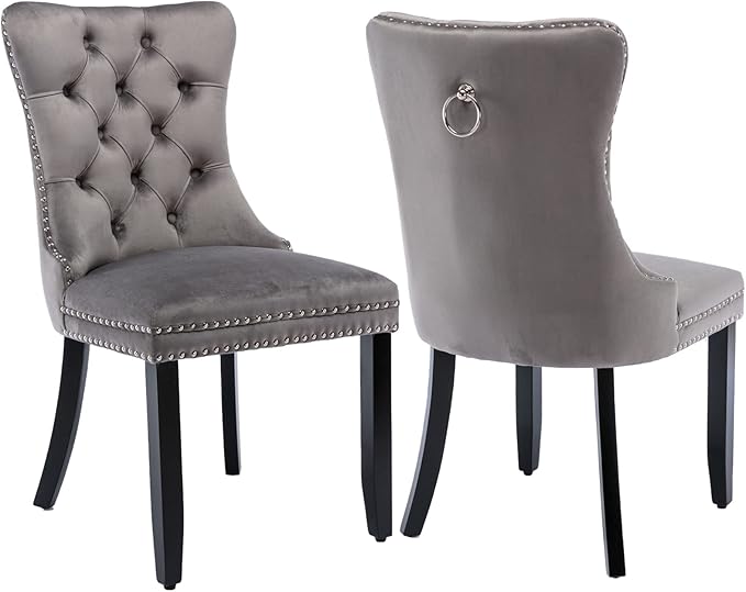 Grey Velvet Dining Chairs Set of 2, Upholstered Dining Room Chairs with Back Ring Pull Trim and Solid Wood Legs,Tufted Wingback Kitchen Chairs for Dining Room,Living Room,Kitchen(Grey)