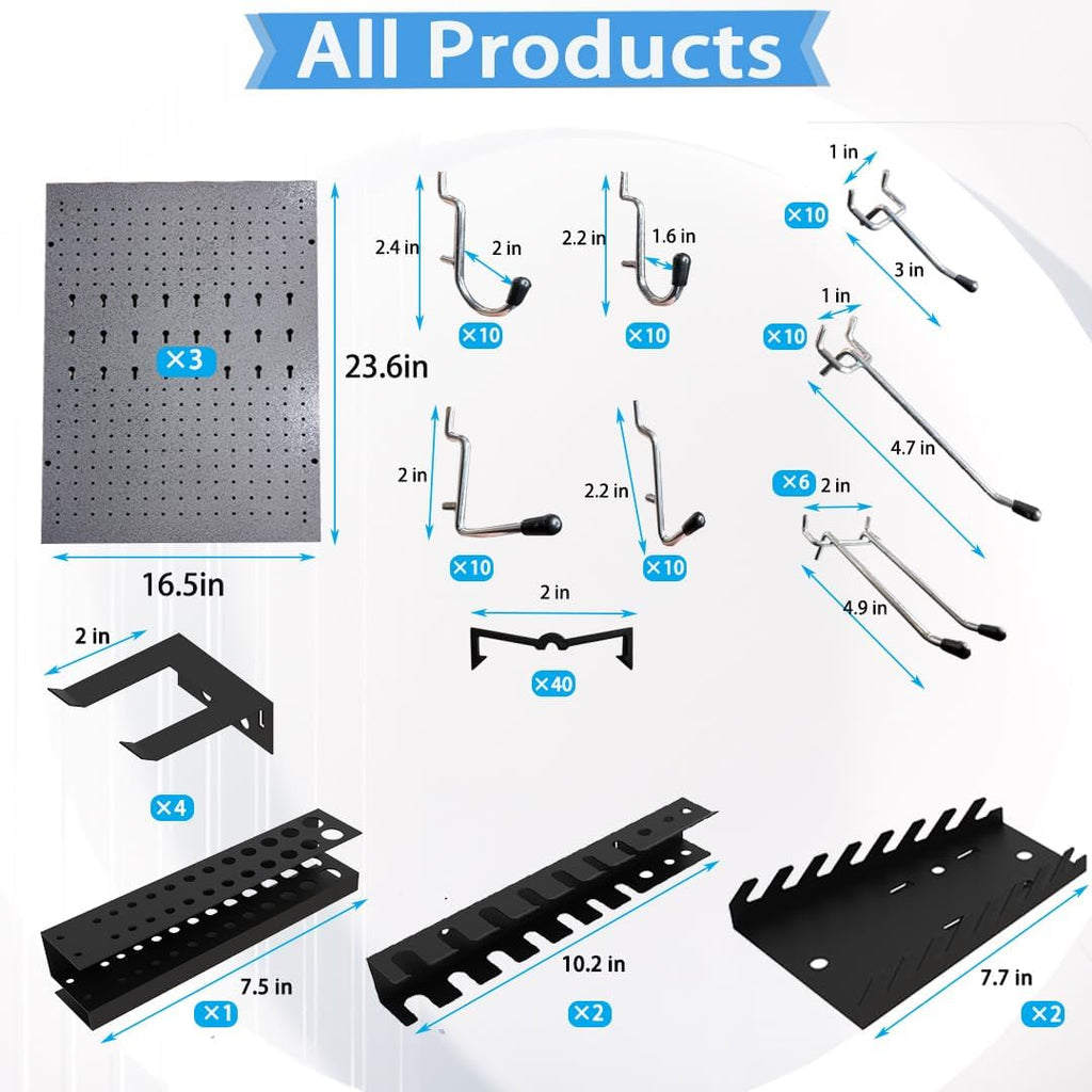 JZD 115 PCS Metal Pegboard Wall Organizer 3 Packs Metal Pegboard Kit 66x24 Inch Pegboard Panels Tool Organizer Kit with Accessories Hooks for Garage, Tool Storage,Craft Room
