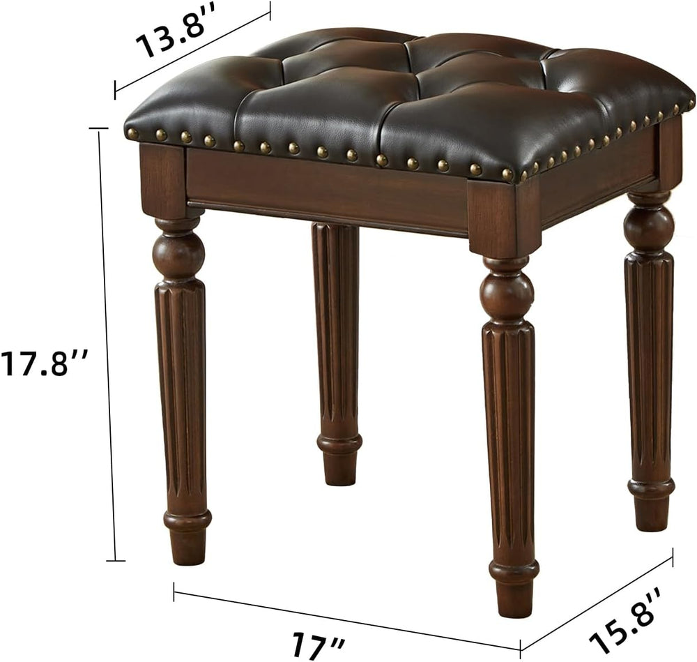 LOFFBOM Vanity Bench Seat, Solid Wood Vintage Vanity Stool (Dark Brown) | Sol...