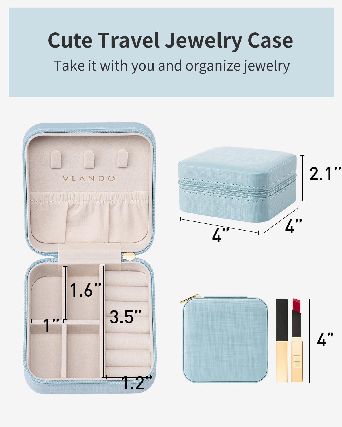 VLANDO Travel Jewelry Case, Compact Design, Necklace Hook, Anti-Tangle | Removable Dividers, Waterproof PU Leather, Scratch-Resistant Lining, Portable Storage for Rings, Earrings, Necklace，Bracelet