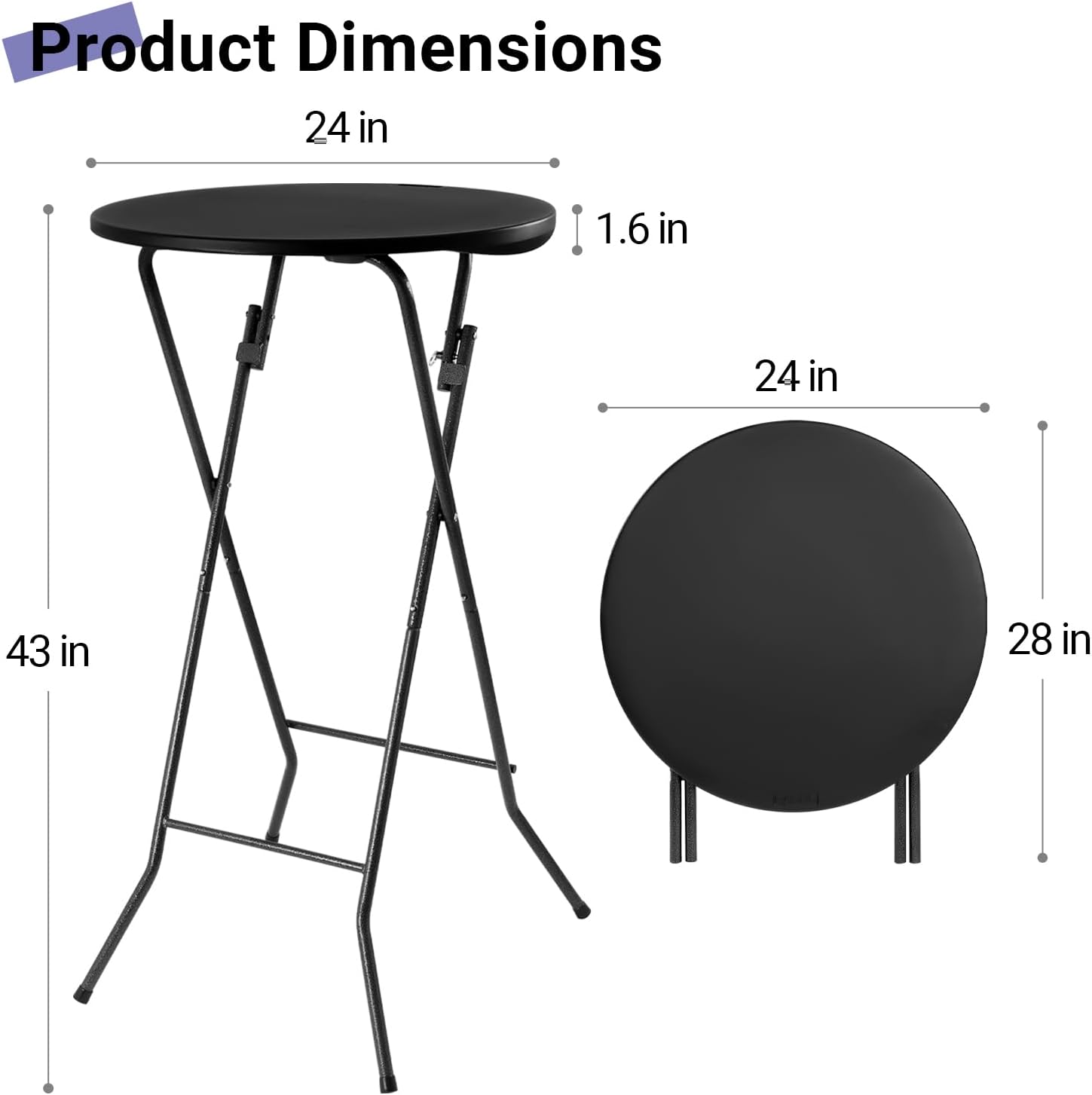 Byliable 24in Round Folding Cocktail Table, Plastic Bar Height Table, Black | Portable Foldable Design with Removable Legs, Two Folding Methods, HDPE Tabletop, Indoor Outdoor for Parties, Patio, Events