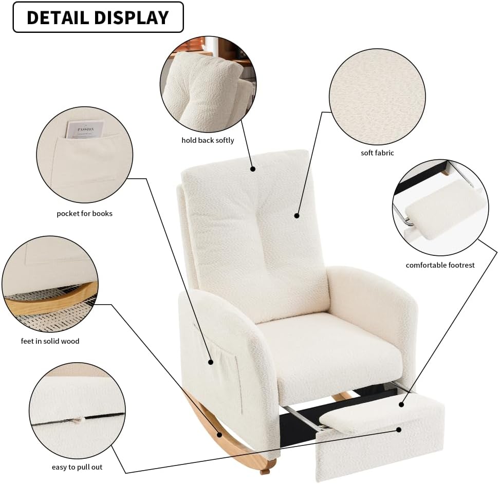 Chair with Footrest High Back Rubber Wood Rocking Legs Bedroom Living Space (...