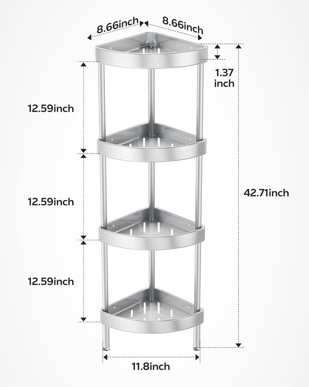Nieifi Corner Shower Caddy Stand-4 Tier Rustproof Anodized Aluminum Standing Shower Organizer-Shower Caddy Corner-Dual Stability to Anti-Shaking-Height-Adjustable Legs for Uneven Surfaces-Silver